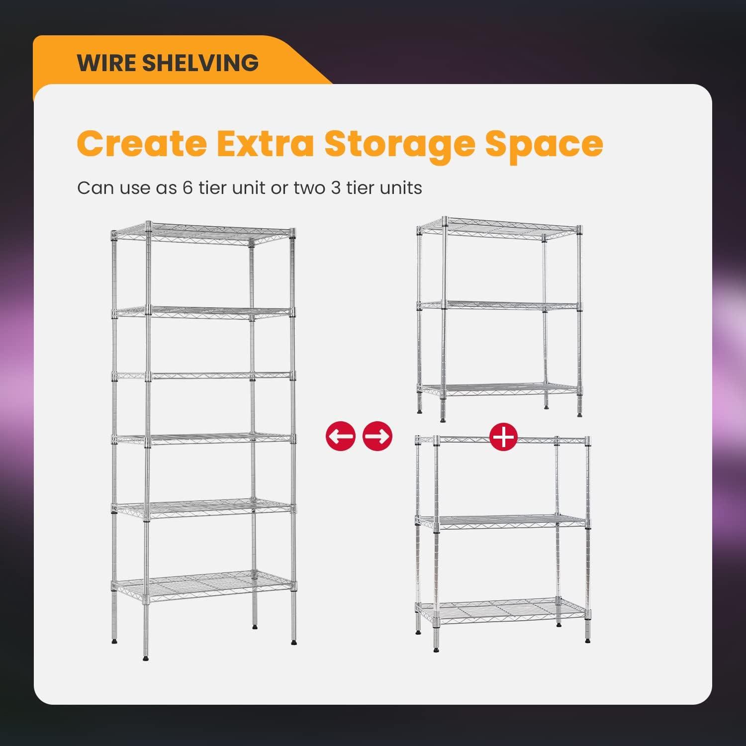 Chrome 6-Tier Adjustable Wire Shelving Unit for Office