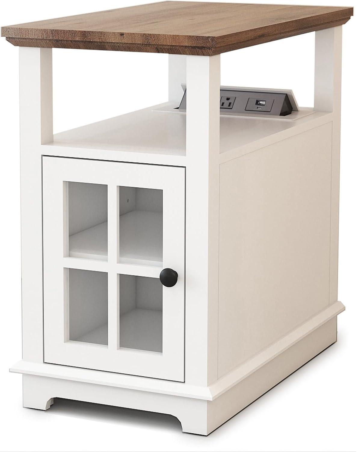 White Wooden End Table with Charging Station and Storage