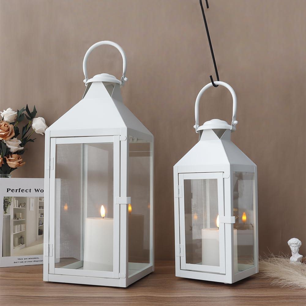 White Metal and Glass Tabletop Hanging Candle Lantern Set