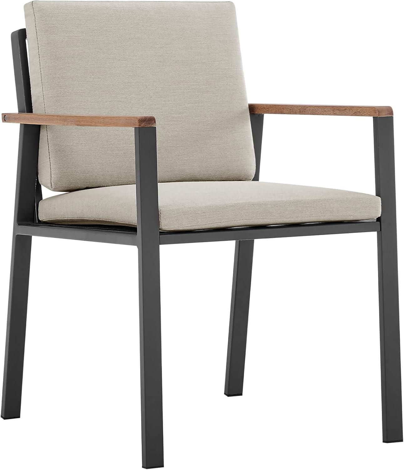 Armen Living Nofi Outdoor Patio Dining Chair in Charcoal Finish with Taupe Cushions and Teak Wood Accent Arms  - Set of 2