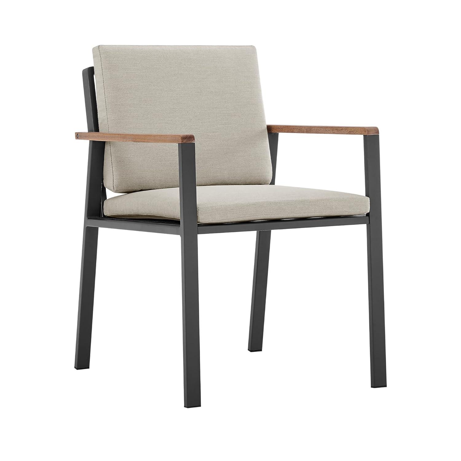 Armen Living Nofi Outdoor Patio Dining Chair in Charcoal Finish with Taupe Cushions and Teak Wood Accent Arms  - Set of 2
