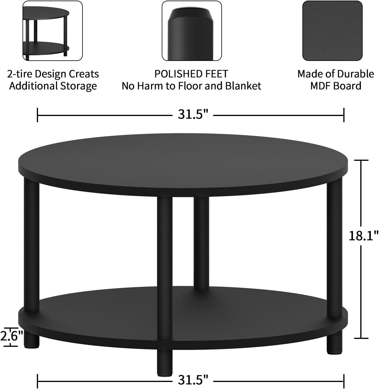 Round Coffee Table for Living Room, 31.5’’ 2 Tier Black Wooden Coffee Table with Open Storage Shelf for Office/Reception Room,Sturdy Metal Legs, Easy to Assemble