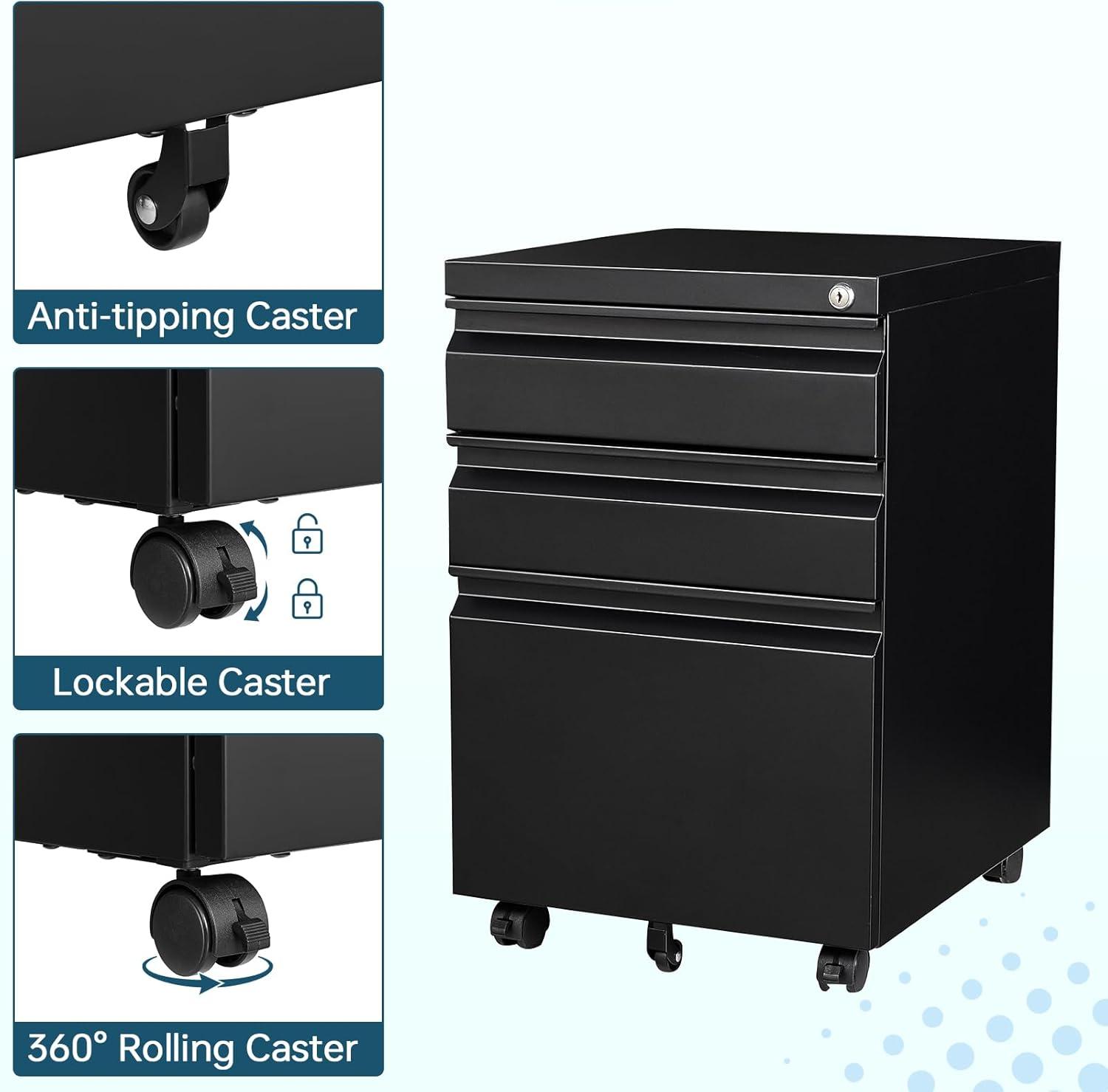 3 Drawer Filing Cabinet, File Cabinets for Home Office, Locking File Cabinet for A4-Size/Letter-Size/Legal-Size,Black