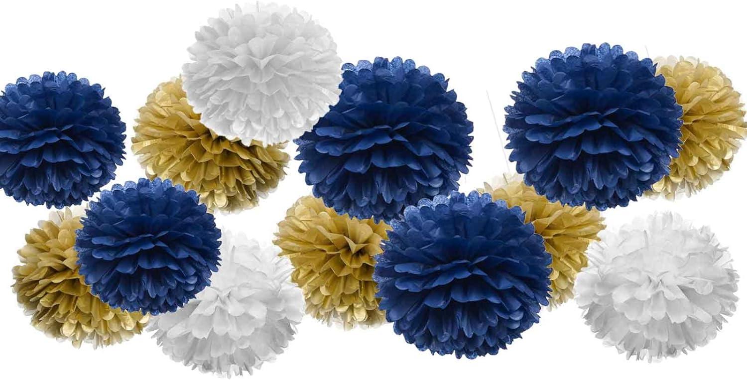 AIM & GGKK Paper Pom Poms Gold Gradient Navy Blue and White Tissue Hanging Paper Pom Poms,Flower Ball Wedding Birthday Party Decoration(12pcs)