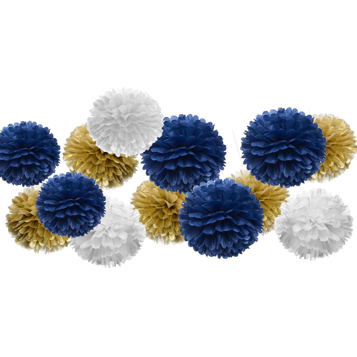 AIM & GGKK Paper Pom Poms Gold Gradient Navy Blue and White Tissue Hanging Paper Pom Poms,Flower Ball Wedding Birthday Party Decoration(12pcs)