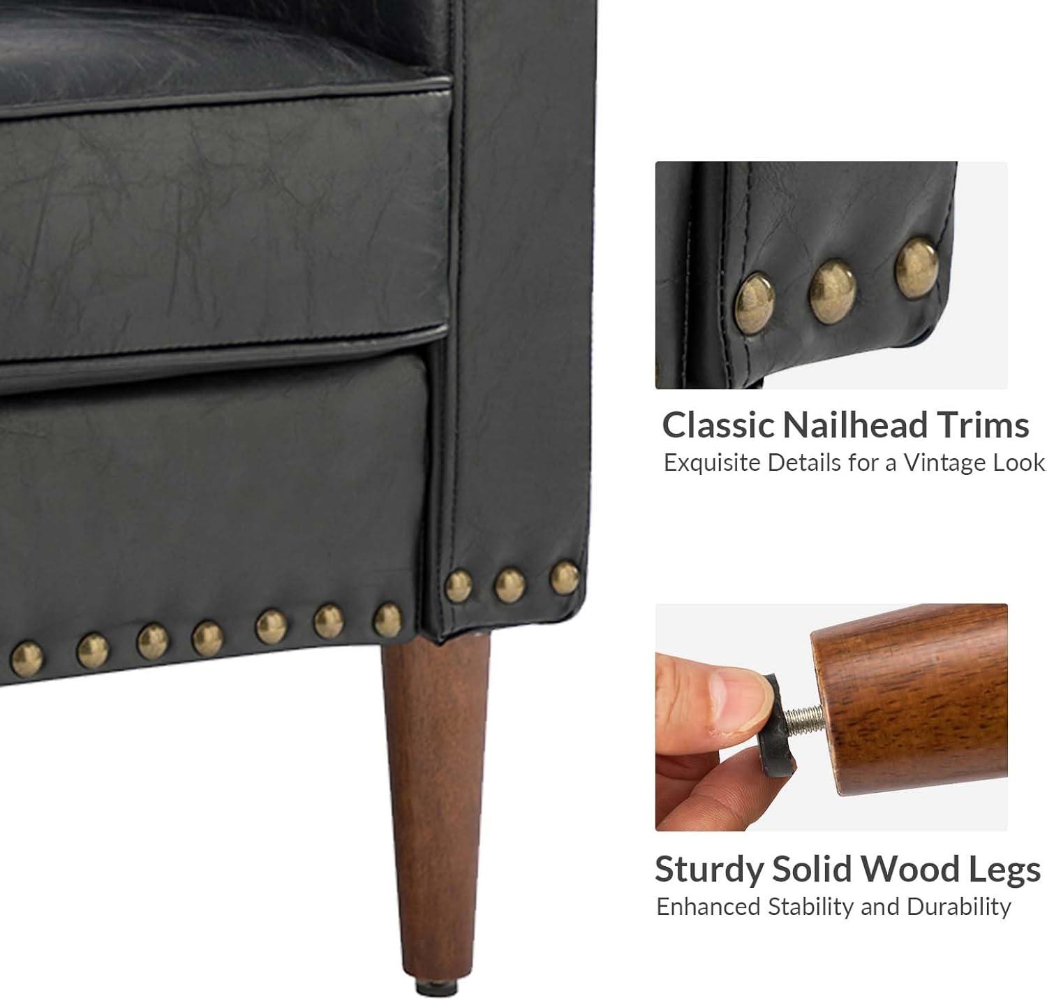 HULALA HOME Faux Leather Accent Armchairs Set of 2 with Back & Seat Cushions, Traditional Club Chairs with Nailhead Trim, Comfy Upholstered Sofa Chairs for Living Room Bedroom, Beige