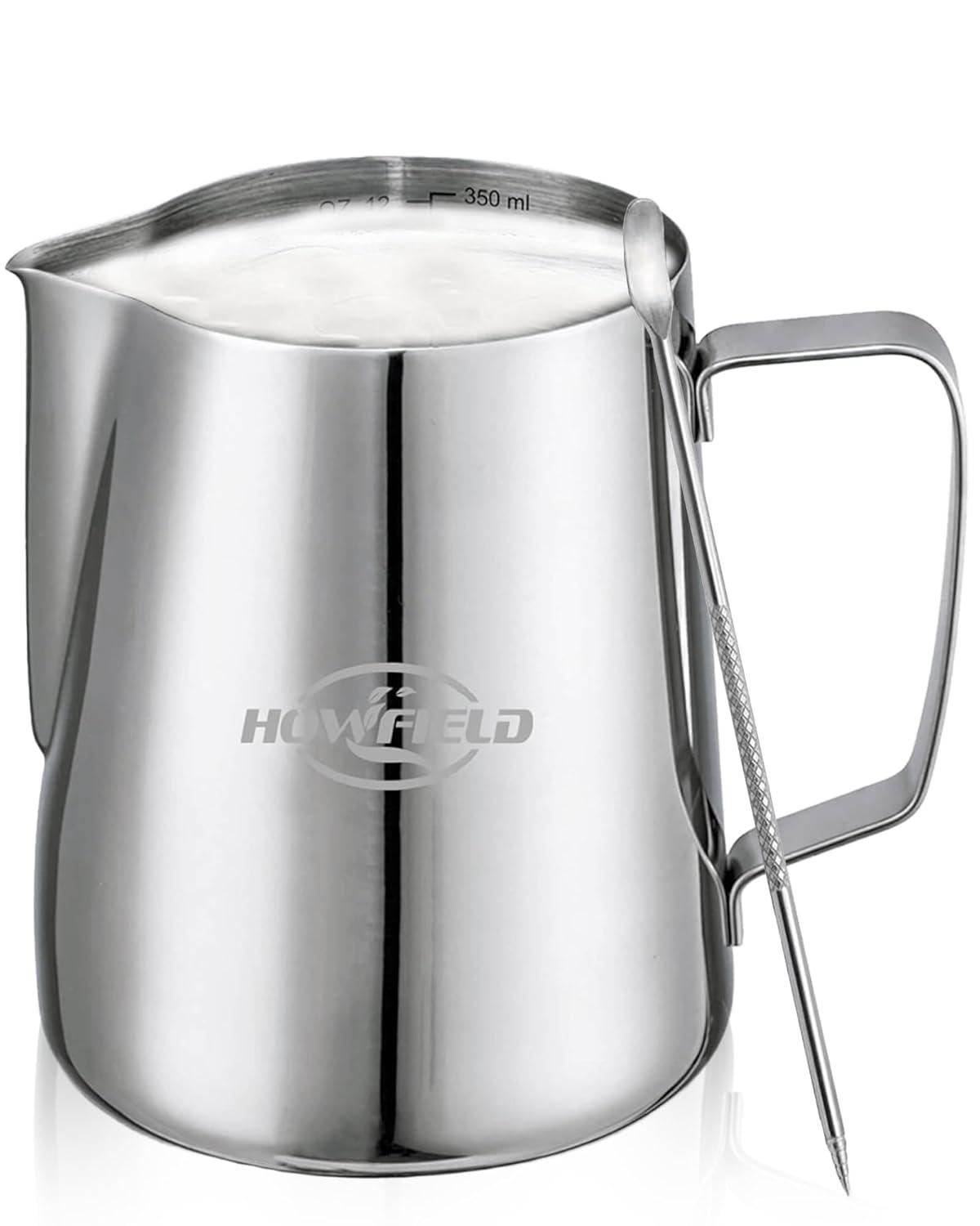 12oz (350ml) Milk Frothing Pitcher 304 Stainless Steel Steaming Jug with Latte Art Pen Anti-Scald Handle & Scale Barista Frother Cup for Cappuccino, Latte, Coffee Accessories