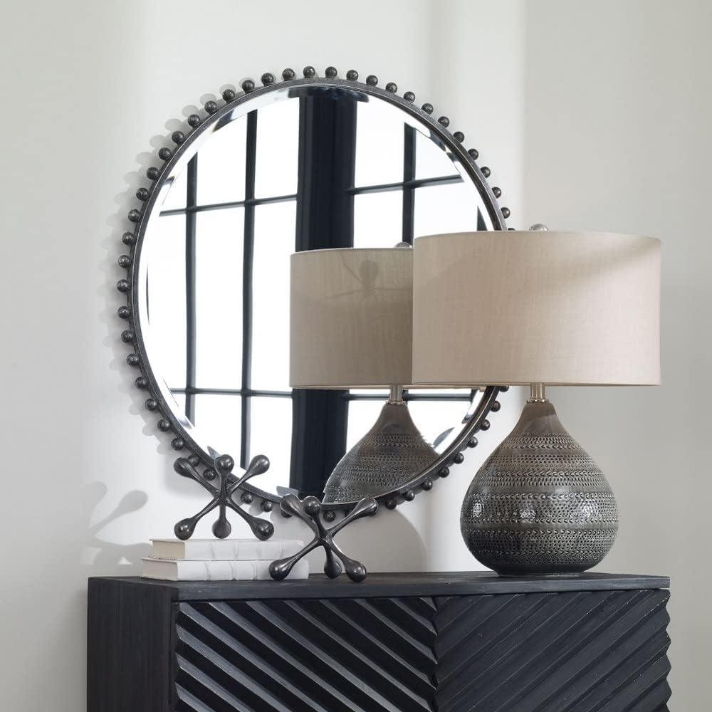 Uttermost Round Vanity Accent Wall Mirror Industrial Beveled Distressed Black Gray Glaze Iron Frame 32" Wide for Bathroom Bedroom