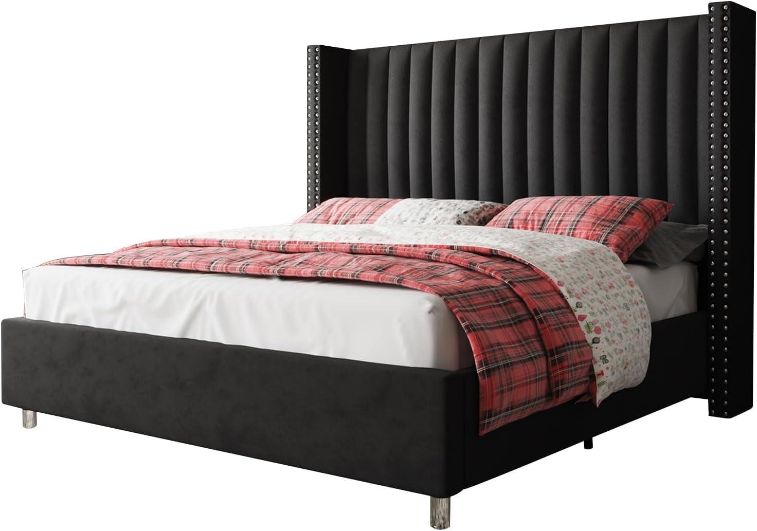 Queen Dark Gray Velvet Upholstered Platform Bed with Nailhead Trim