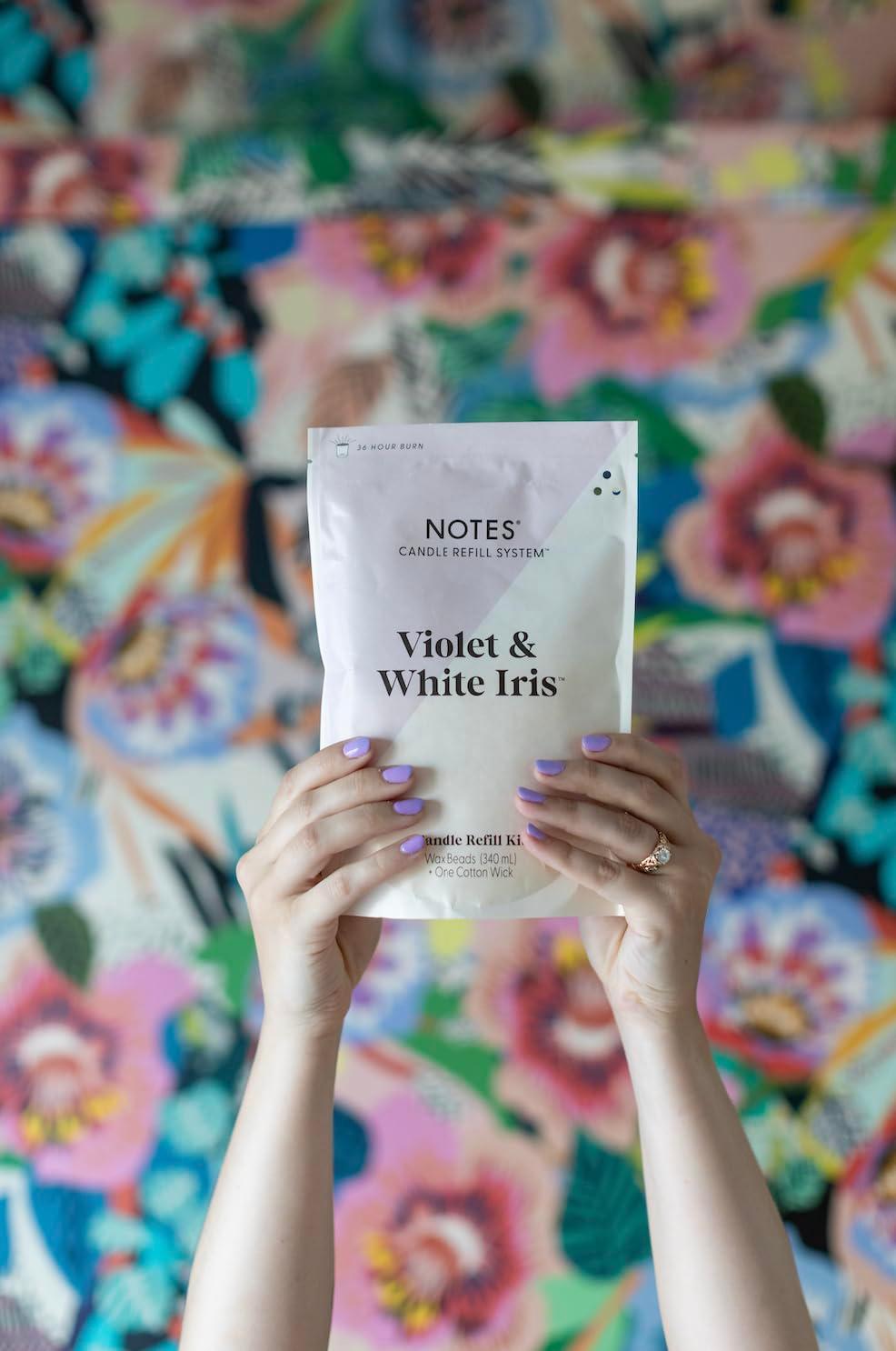 NOTES Sustainable Candle Refill | Non-Toxic Fragrance, Natural Wax Beads (Beeswax, Rice bran and Soy), Cotton Wick and Sustainer - (1) Violet & White Iris