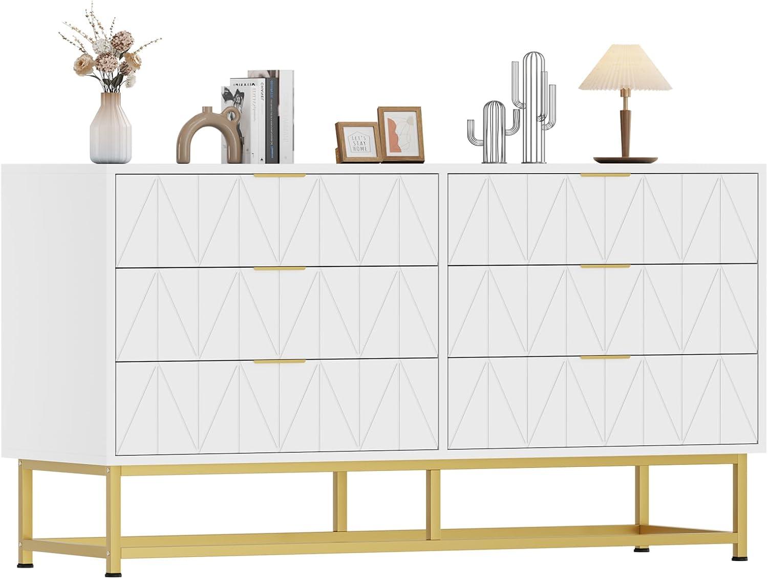 Towallmark Dresser for Bedroom, 6 Drawer Dresser with Metal Legs, Wood Dresser Chest Organizer with Wide Storage, Modern Chest of Drawers for Bedroom, Living Room, Hallway，White