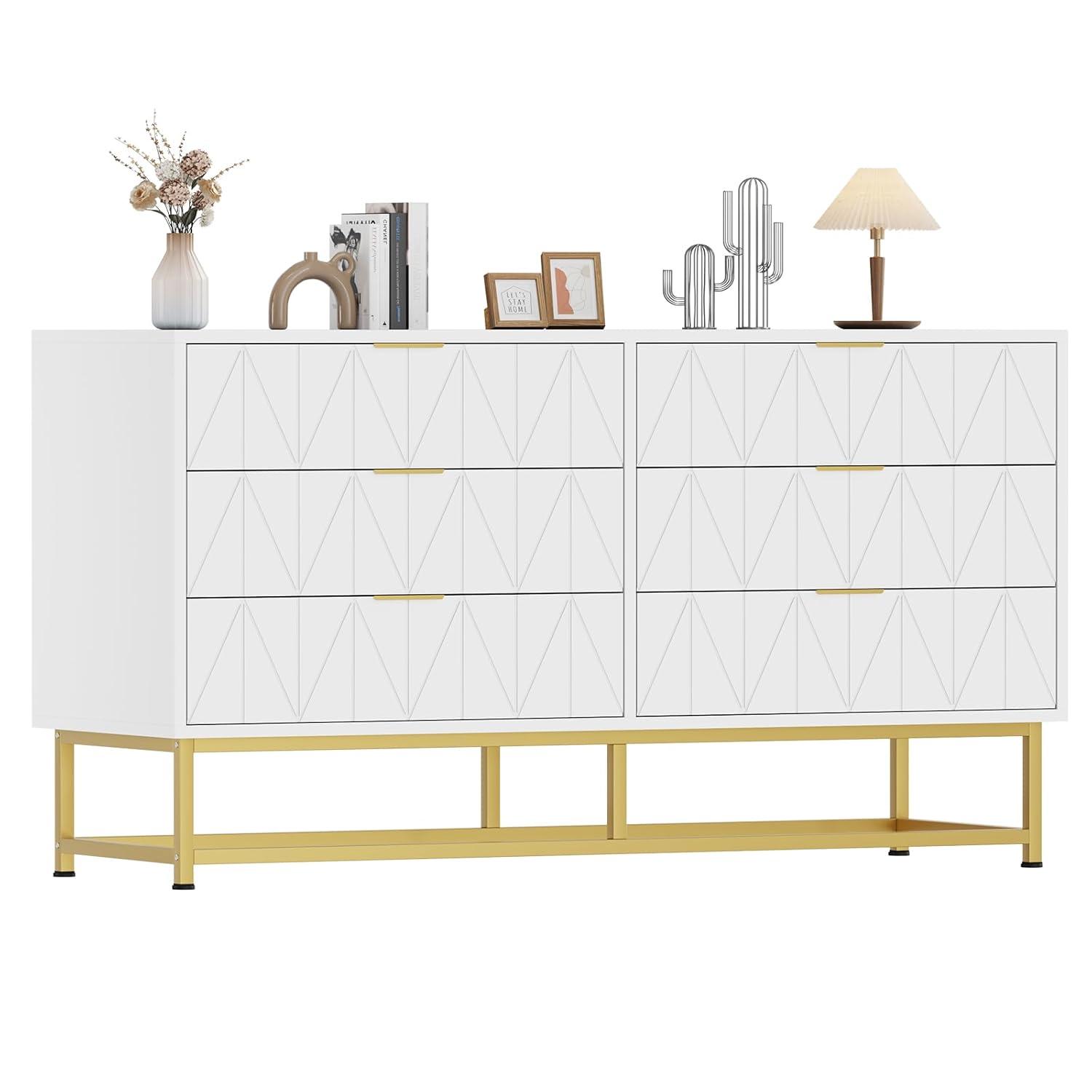 Towallmark Dresser for Bedroom, 6 Drawer Dresser with Metal Legs, Wood Dresser Chest Organizer with Wide Storage, Modern Chest of Drawers for Bedroom, Living Room, Hallway，White