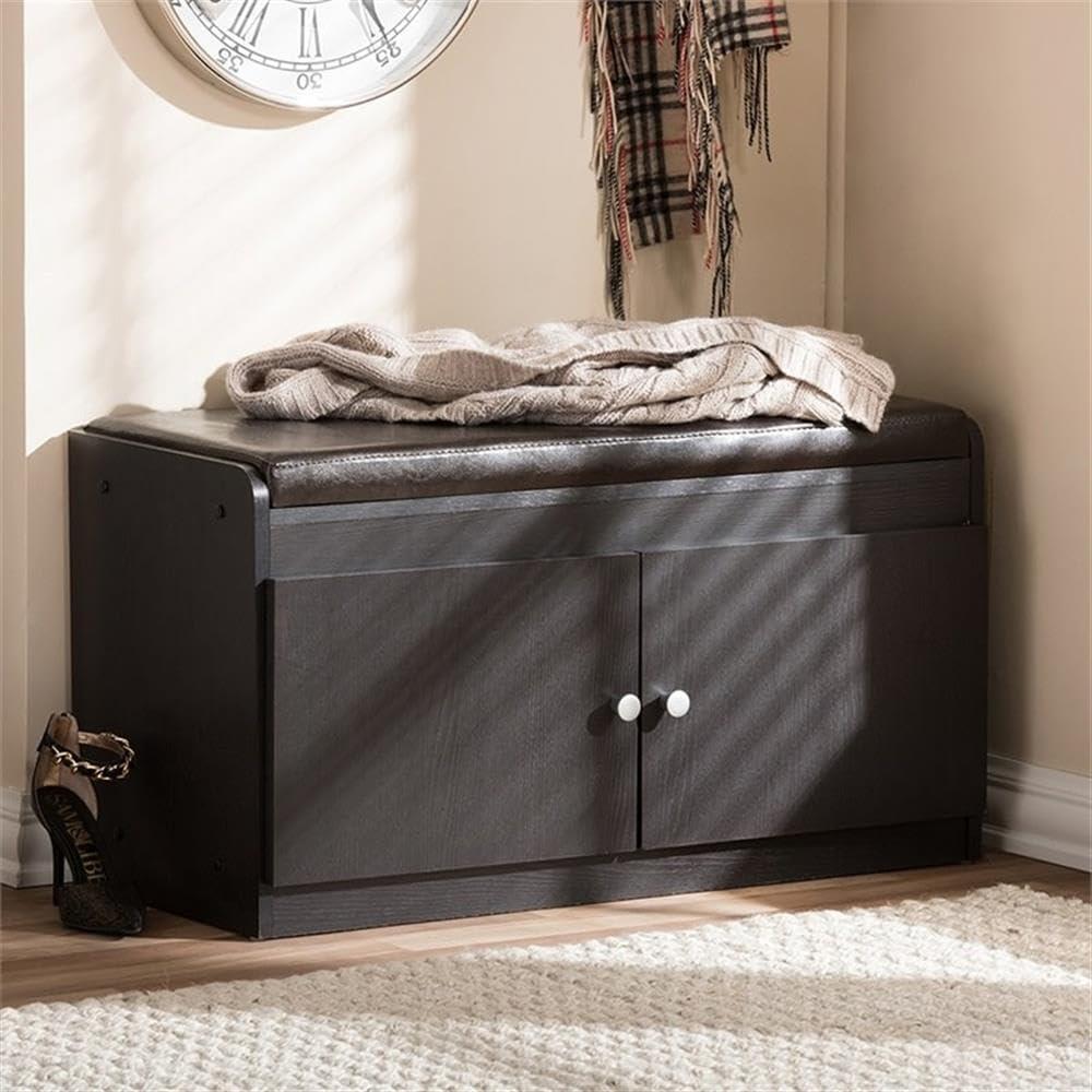 Margaret Modern and Contemporary Wood 2 - Door Shoe Cabinet with Faux Leather Seating Bench - Dark Brown - Baxton Studio