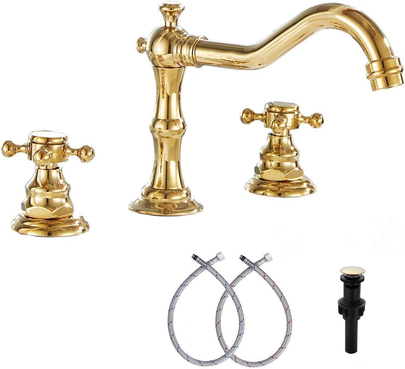 GGStudy 8-16 inch Two Handles 3 Holes Widespread Bathroom Sink Faucet Gold Basin Mixer Tap Faucet Matching Metal Pop Up Drain with Overflow