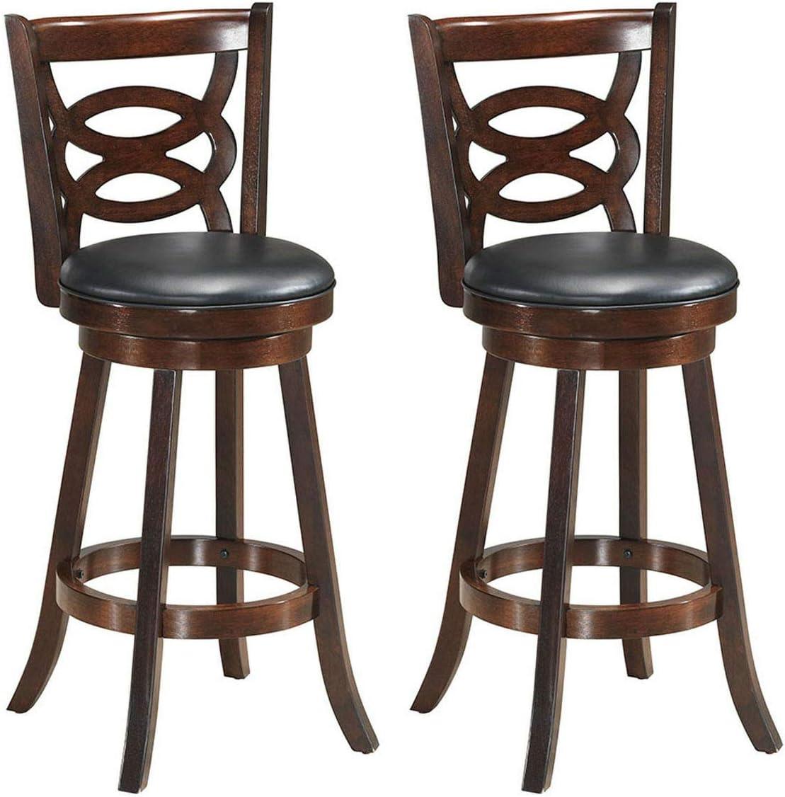 XIAOTAO 360° Swivel Barstools Set of 2, 29" Bar Height Bar Chairs with Back & Footrest, Upholstered Bar Stools with Rubber Wood Frame, Suitable for Home Bar, Kitchen Counter, Espresso