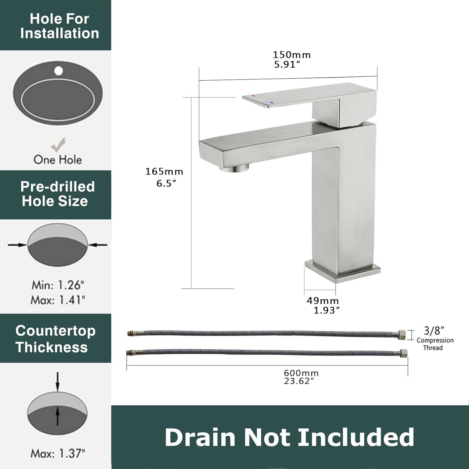 Matte Black Single Handle Bathroom Sink Faucet, Stainless Steel Bathroom Faucet with cUPC Certified Water Supply Hoses, Commercial Vanity Faucet Modern Single Hole RV Bathroom Faucets