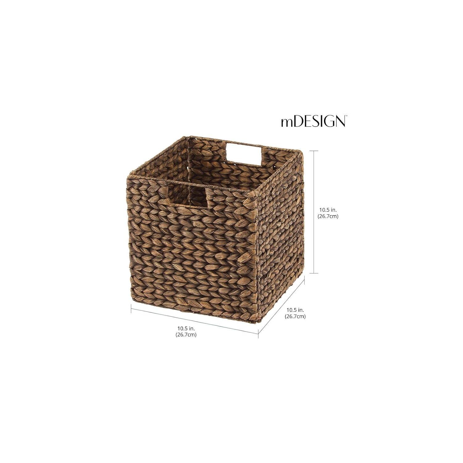 mDesign Hyacinth Woven Cube Bin Basket Organizer, Handles, 6 Pack, Brown Wash
