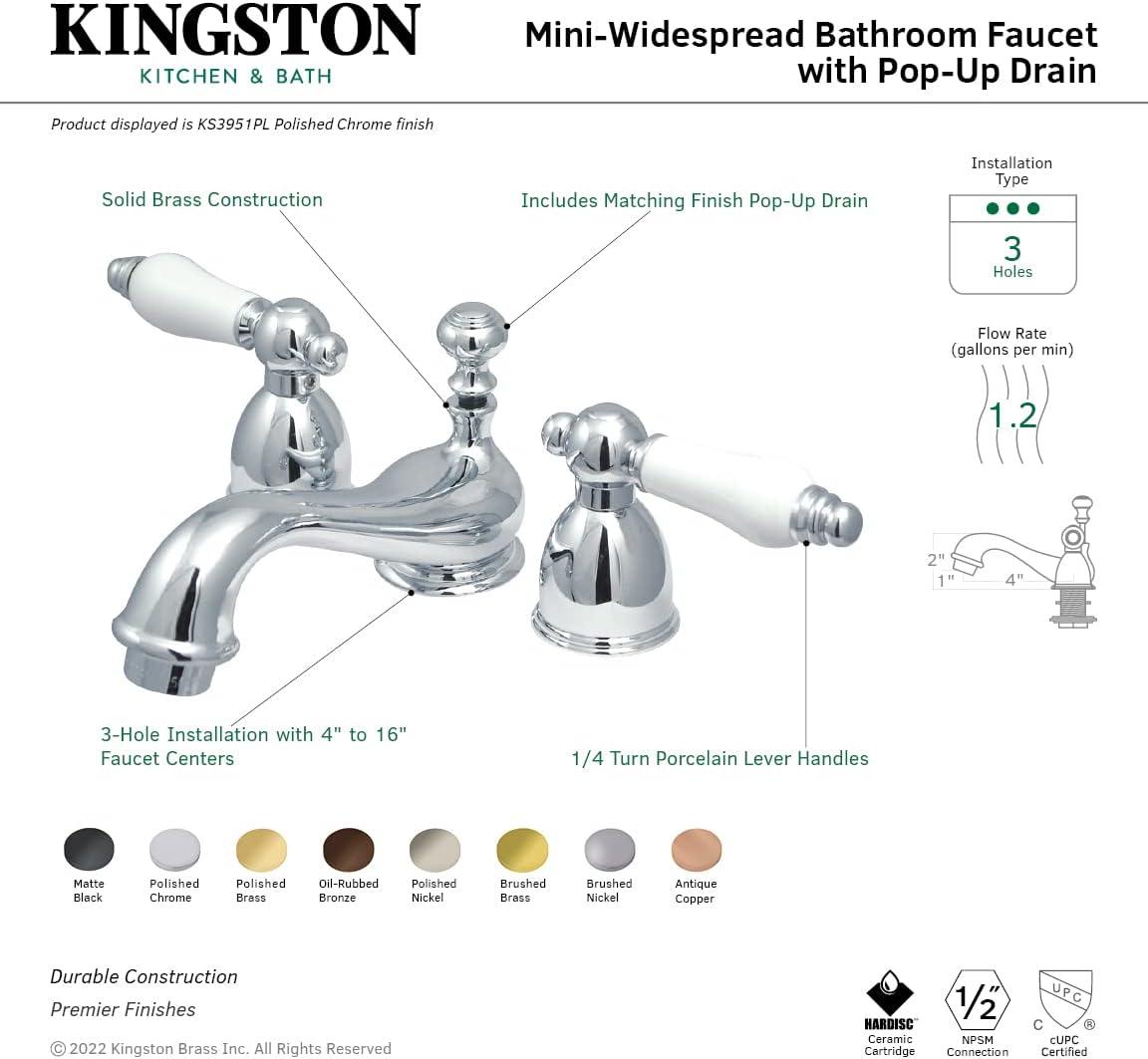 Kingston Brass Restoration Two-Handle 3-Hole Deck Mount Mini-Widespread Bathroom Faucet with Brass Pop-Up