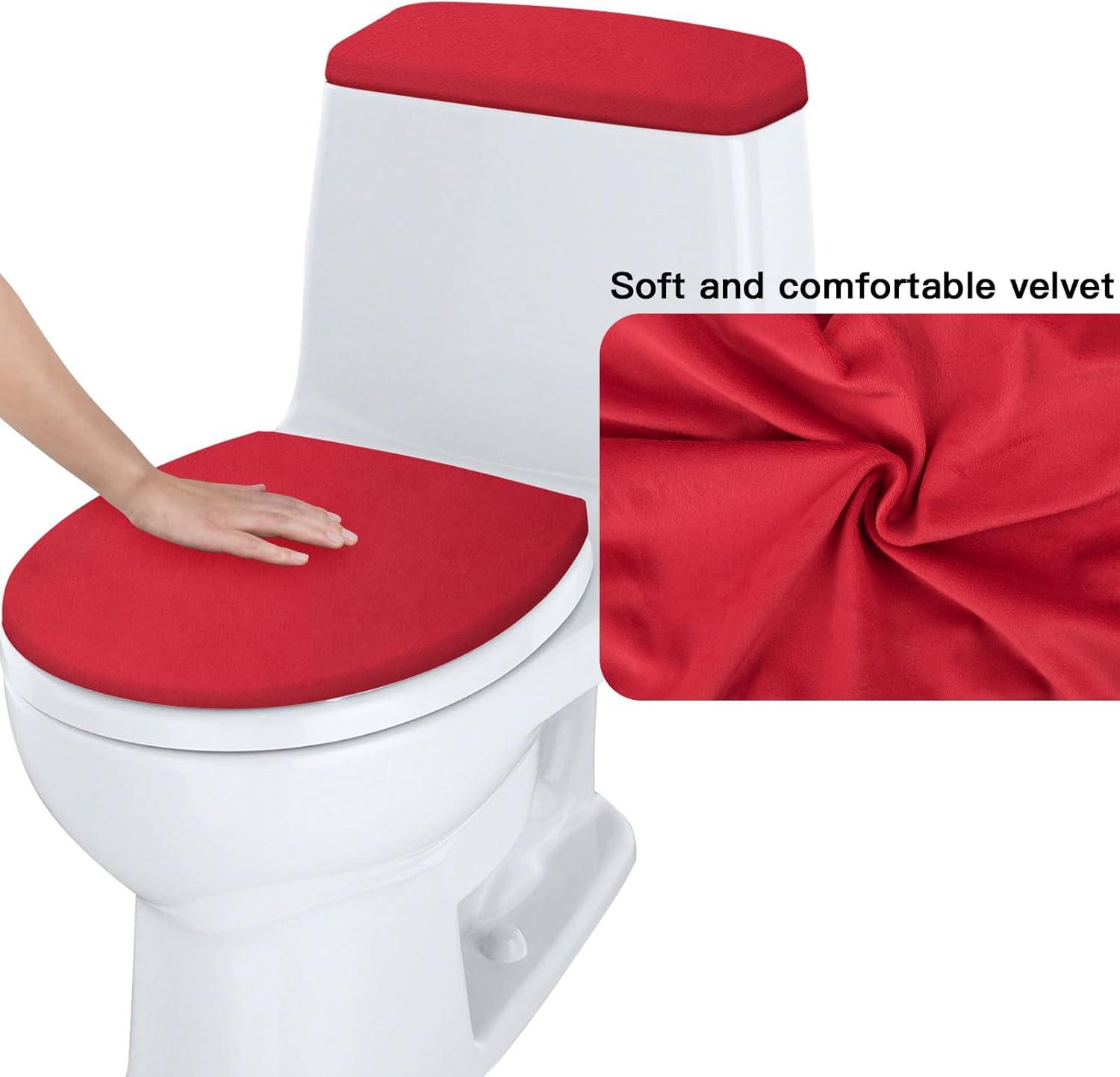 Red Bathroom Toilet Lid Seat Cover Set,Polyester Fibre Toilet Lid Cover,Elastic Bottom Cover Set,Toilet Tank Lid Cover,Machine Wash Set