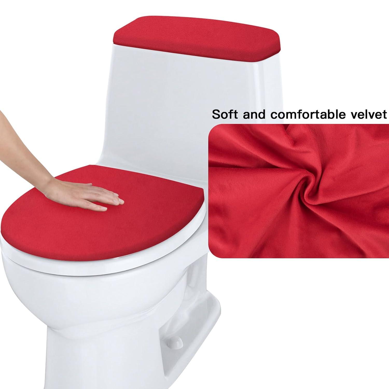 Red Bathroom Toilet Lid Seat Cover Set,Polyester Fibre Toilet Lid Cover,Elastic Bottom Cover Set,Toilet Tank Lid Cover,Machine Wash Set