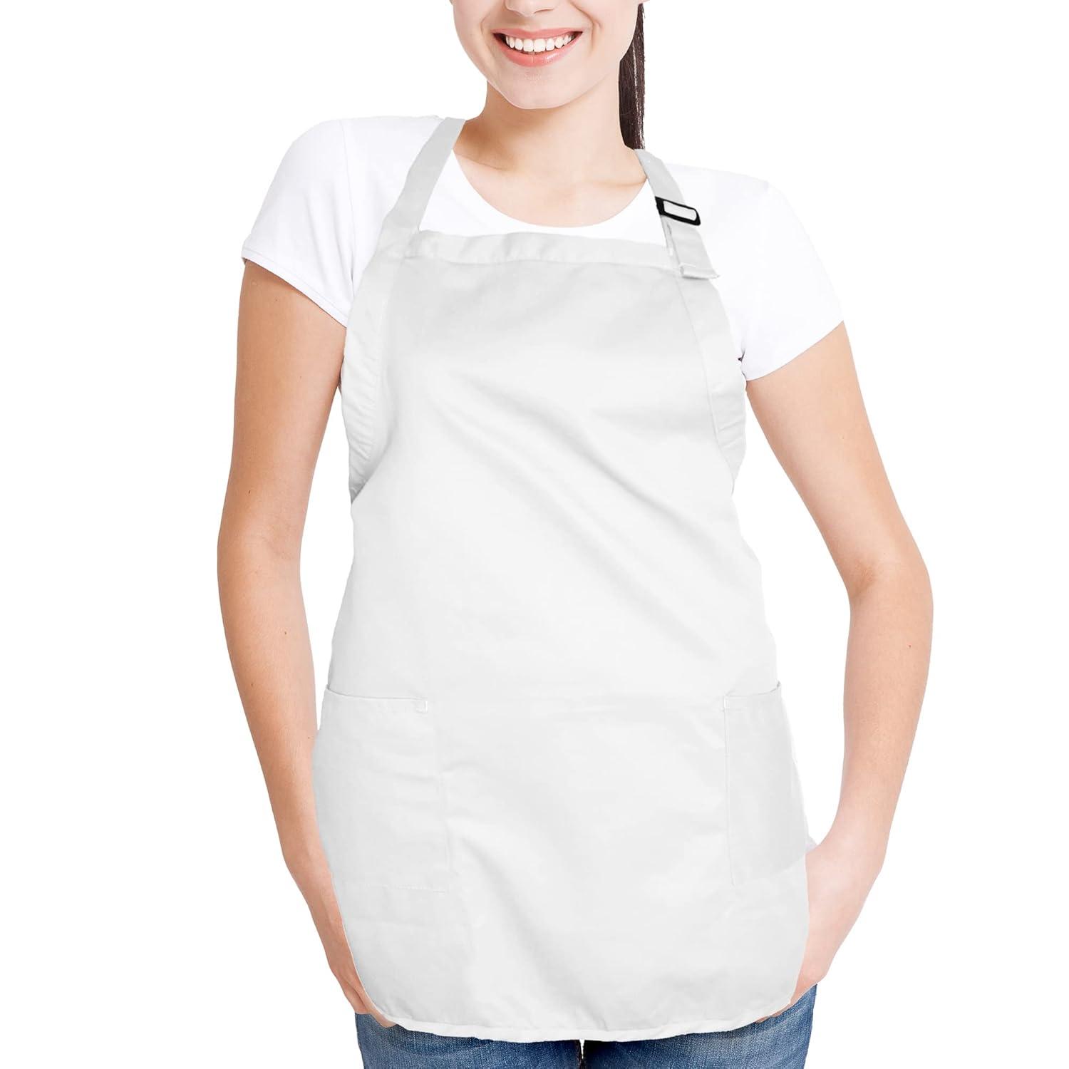 Dalix Waist Aprons Commercial Restaurant Home Bib Spun Poly Cotton Kitchen (3 Pockets) in White