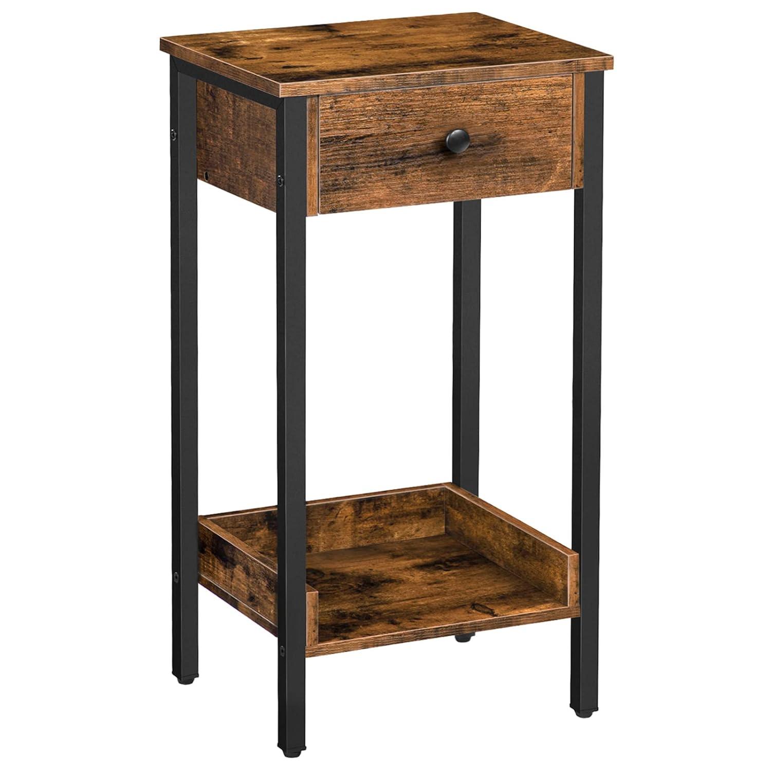 HOOBRO Tall End Table, Nightstand, Industrial Side Table with Drawer and Storage Shelf, for Study, Bedroom, Space Saving, Rustic Brown and Black BF71BZ01