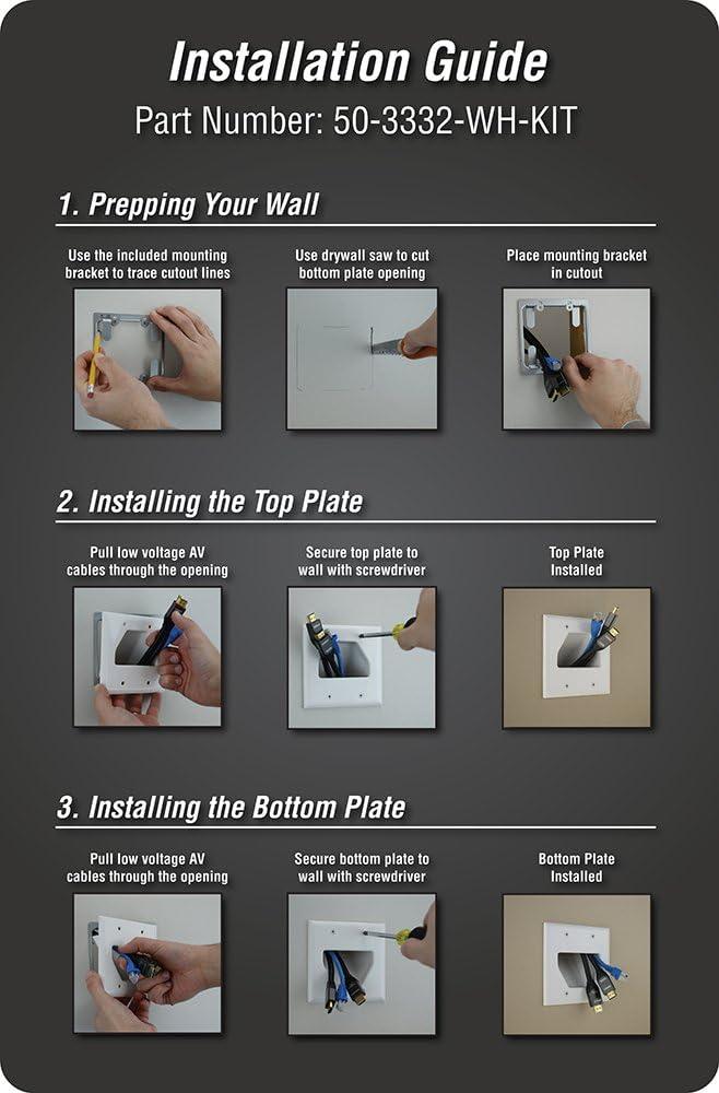 DATA COMM Electronics 50-3332-WH-KIT Flat Panel Cable Organizer Kit, Wall Plate Cable Pass Through, Conceals Low Voltage Wires Behind Mounted TV, Home Theater, Cord Hider Management, White