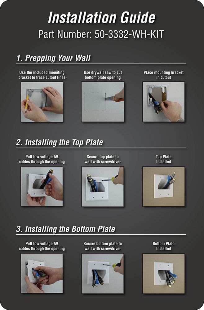 DATA COMM Electronics 50-3332-WH-KIT Flat Panel Cable Organizer Kit, Wall Plate Cable Pass Through, Conceals Low Voltage Wires Behind Mounted TV, Home Theater, Cord Hider Management, White