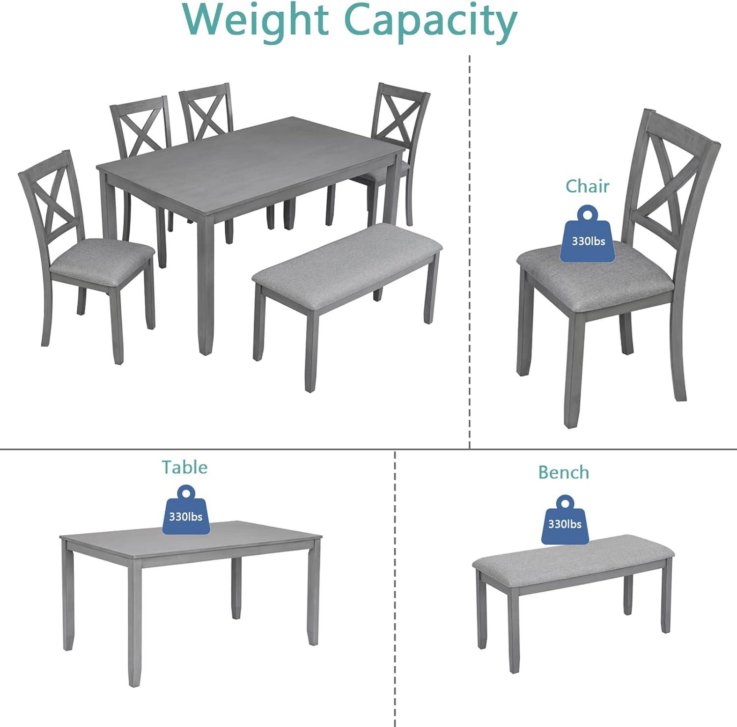 UHOMEPRO 6 Piece Dining Table Set with Bench and Chairs, Dining Table Set for 6, Rectangular Wooden Dining Table with 4 Upholstered Chairs and Bench, Dining Room Set for Kitchen, Gray B
