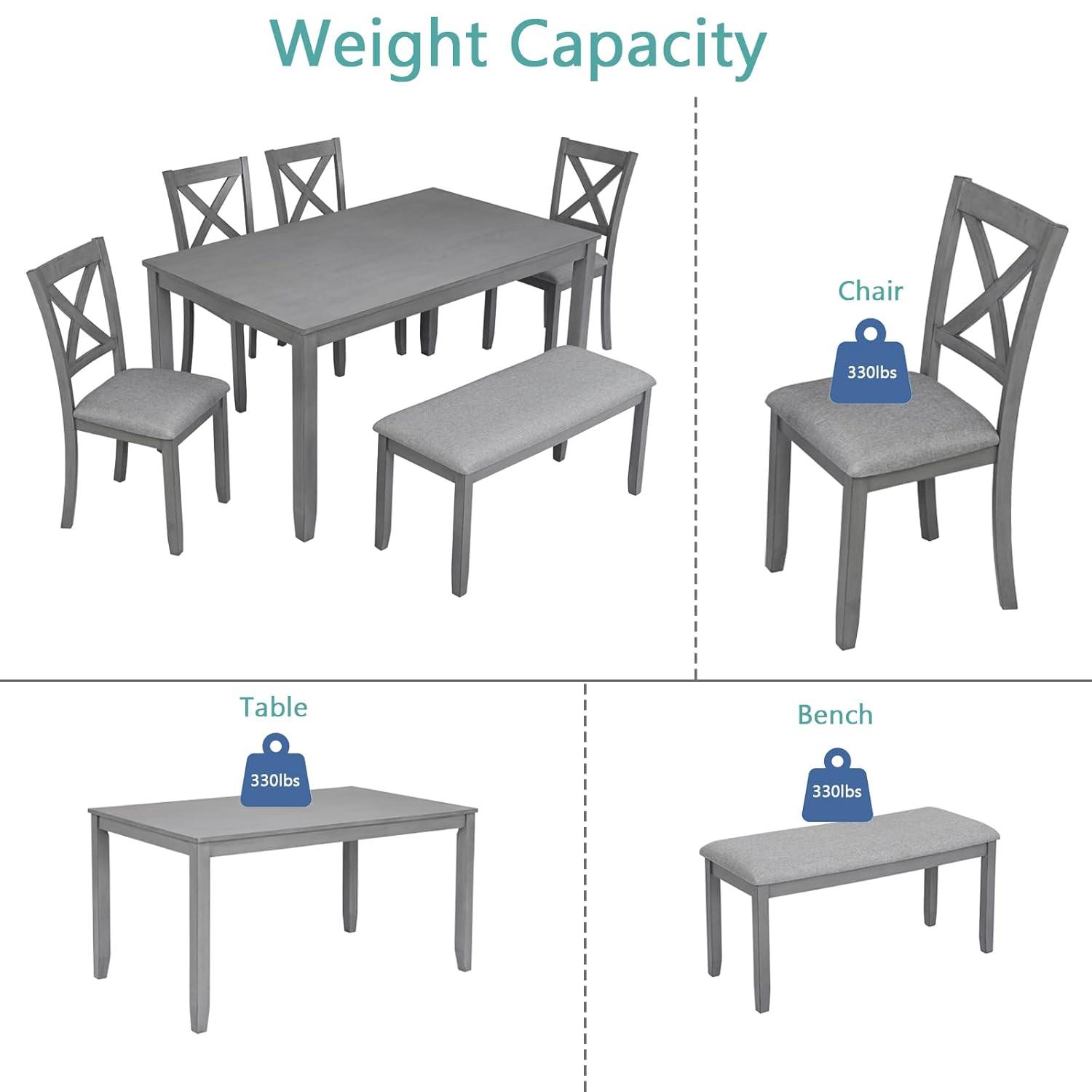 UHOMEPRO 6 Piece Dining Table Set with Bench and Chairs, Dining Table Set for 6, Rectangular Wooden Dining Table with 4 Upholstered Chairs and Bench, Dining Room Set for Kitchen, Gray B