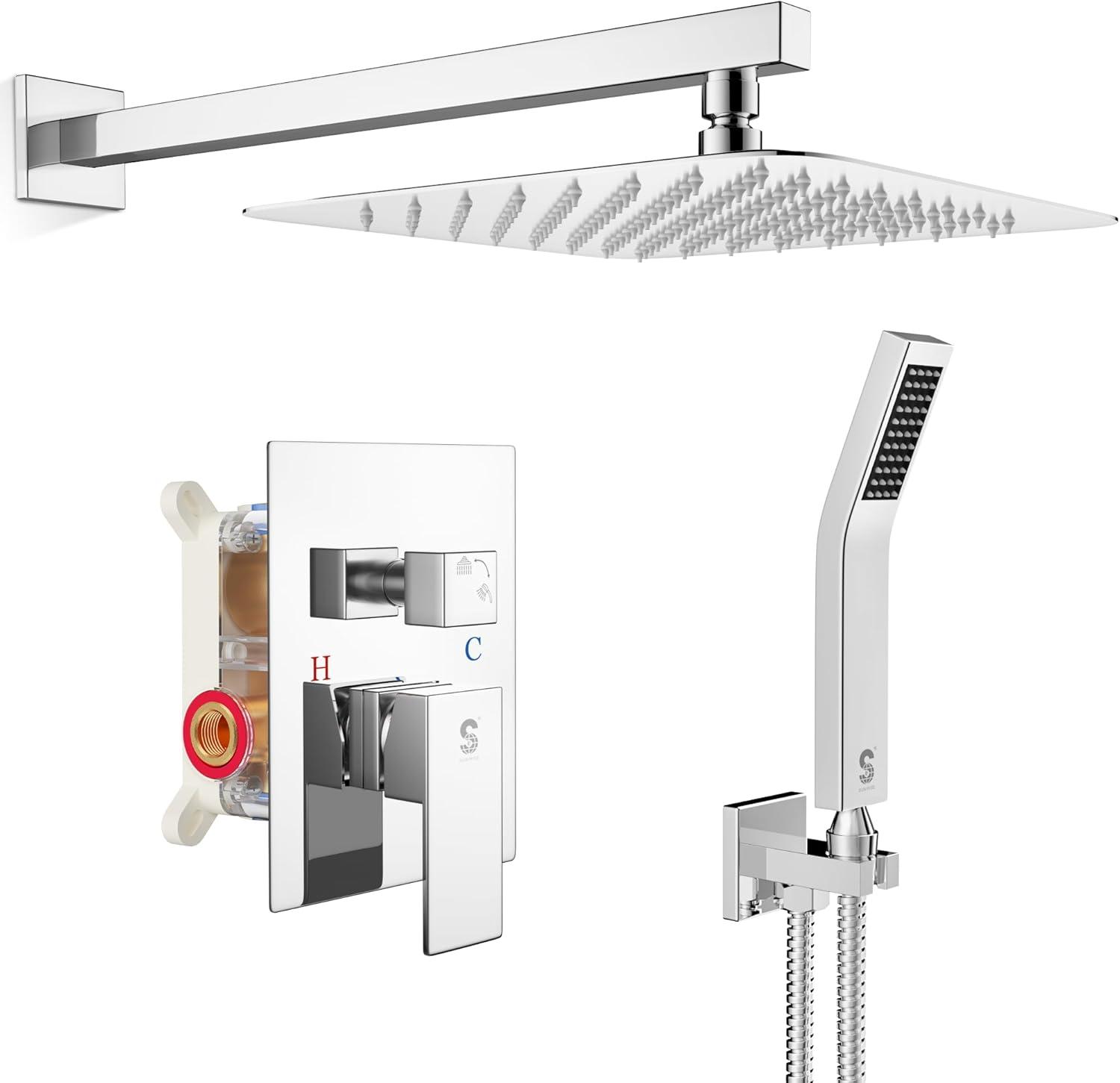 Sr Sun Rise srsh-d1203 12-inch bathroom deluxe rain mixer shower package wall-mounted shower head system polished chrome shower faucet rough valve body and trim