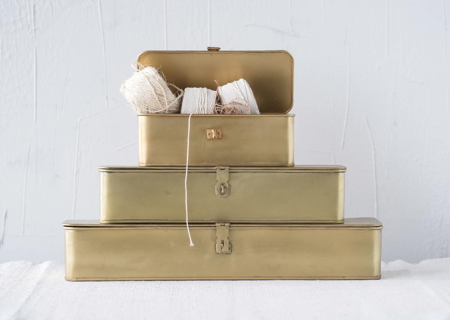 Gold Finish Metal Storage Boxes Set of 3