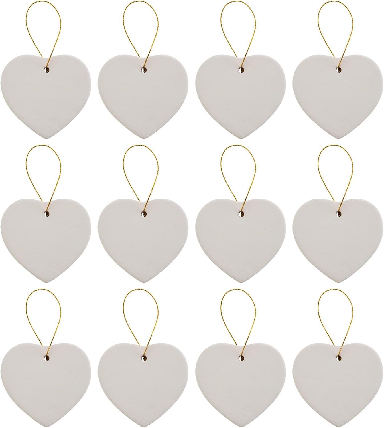 DIY Ceramic Bisque Heart Ornaments with Gold Hanger, 12 Pack