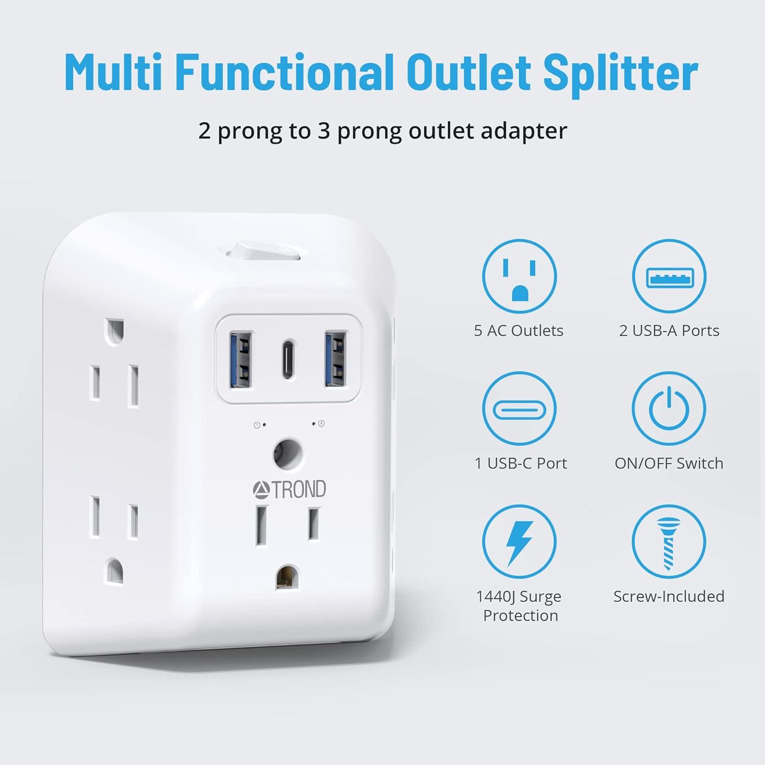 TROND Wall Plug with usb c, 2 Prong Wall Charger 5AC Outlet Extender USB C 3 Sided 1440J Surge Protector Multi Plug Outlet Wall Plugs for Home School Travel Office