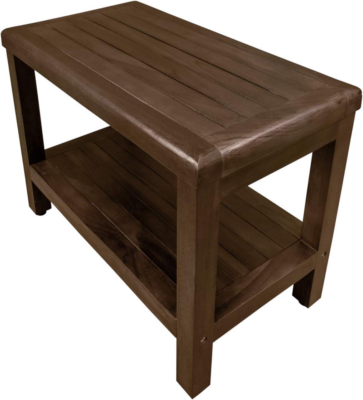 24" Brown Teak Shower Bench with Shelf