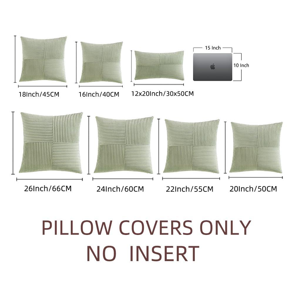 Boho Sage Green Striped Corduroy Pillow Covers - Set of 2 | Farmhouse Rectangle Cushion Cases for Sofa Couch Bed | Soft Decorative Throw Pillowcases - 12x20 Inch Home Decor