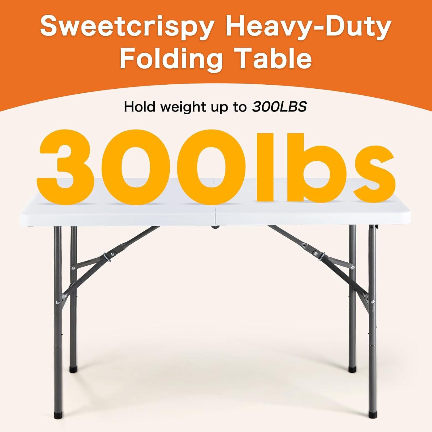 4 ft Portable Folding Table, Idustrial Heavy-Duty Foldable Table, HDPE Plastic Table, with Carrying Handle, Locks, Stright Legs for Indoor & Outdoor Party, Barbeque, Camping, Board Games - White