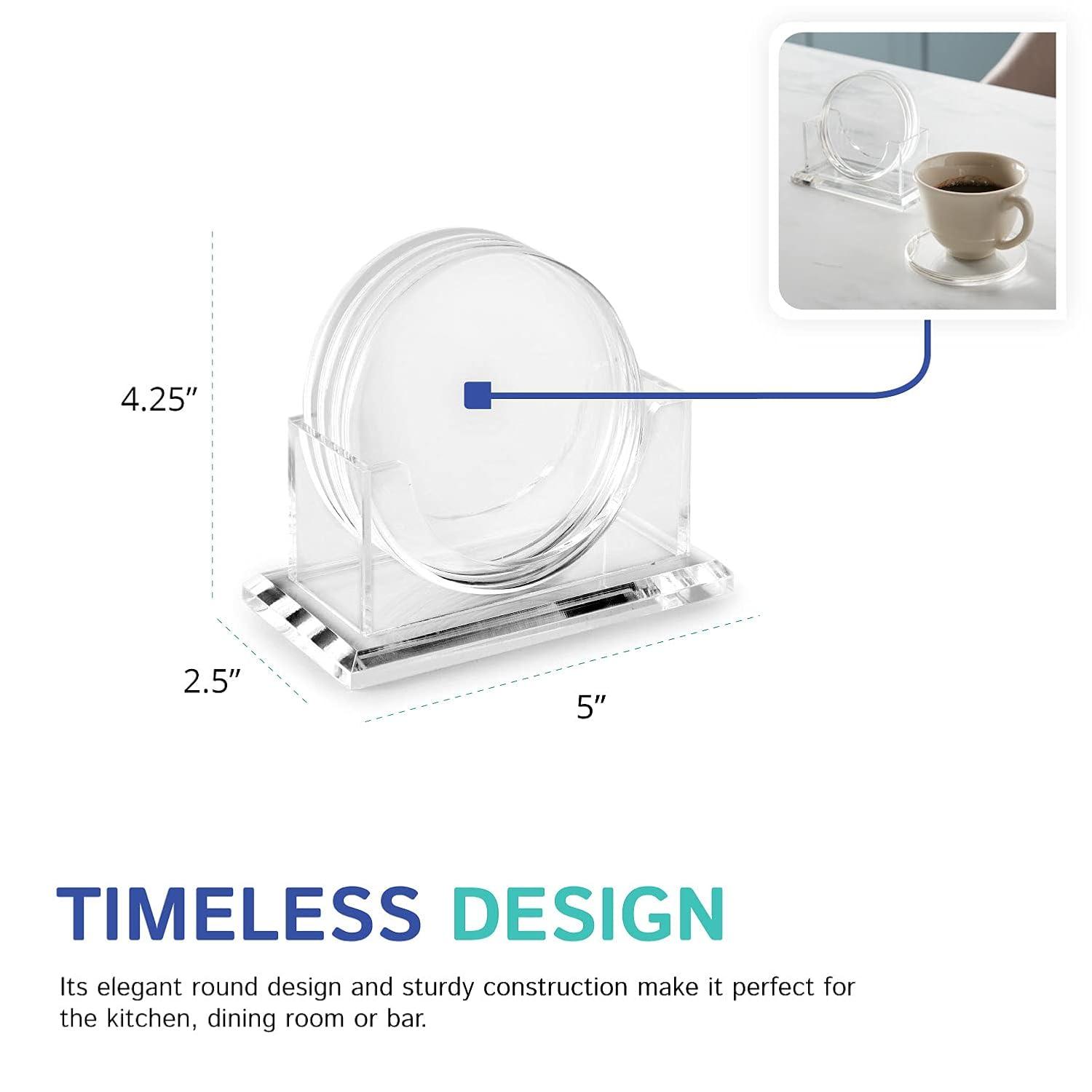 Juvale Set of 4 Clear Blank Acrylic Drink Coasters with Stand Holder, Round 4 inch
