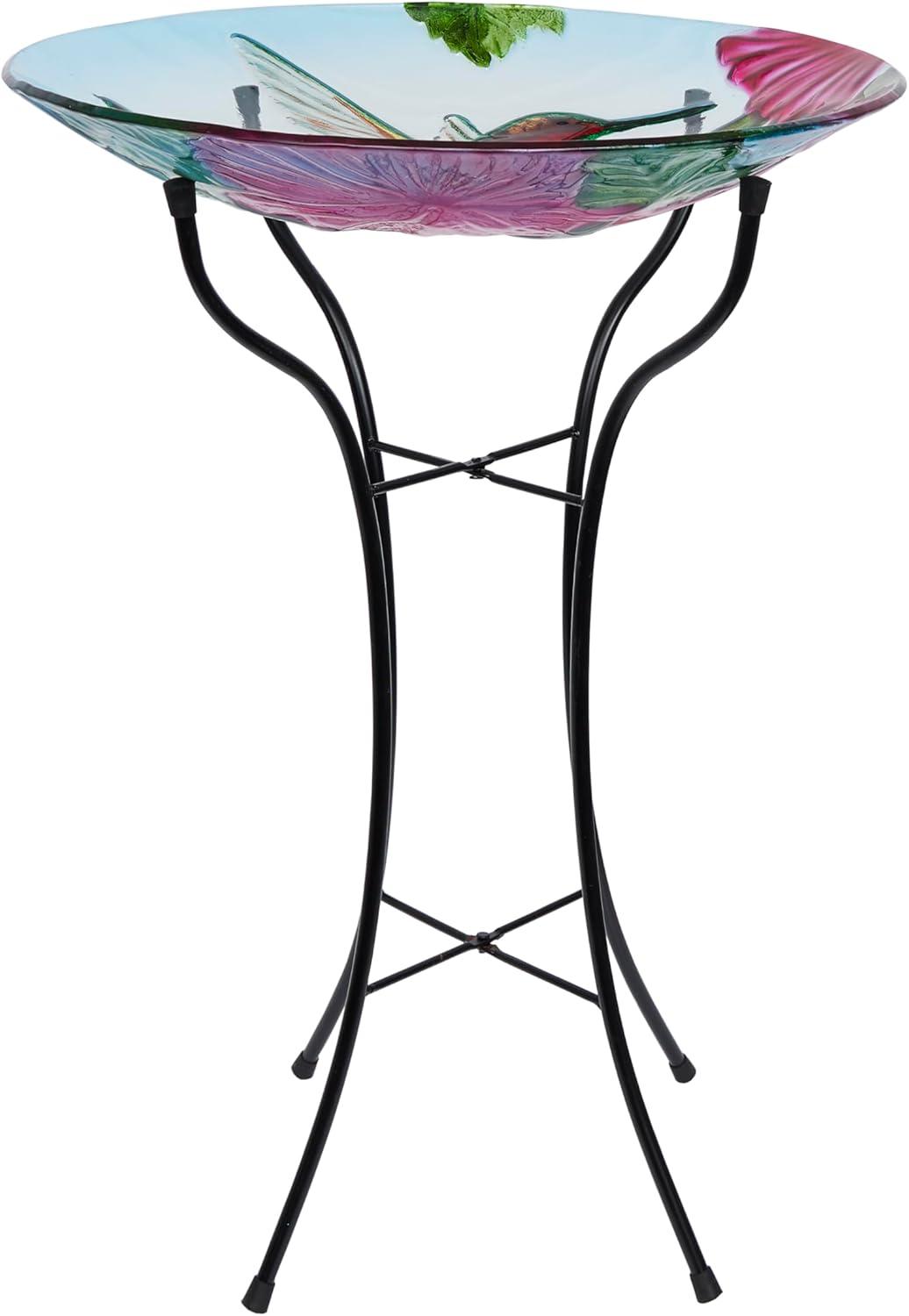 18" Multicolor Glass Birdbath with Metal Stand and Hummingbird Design