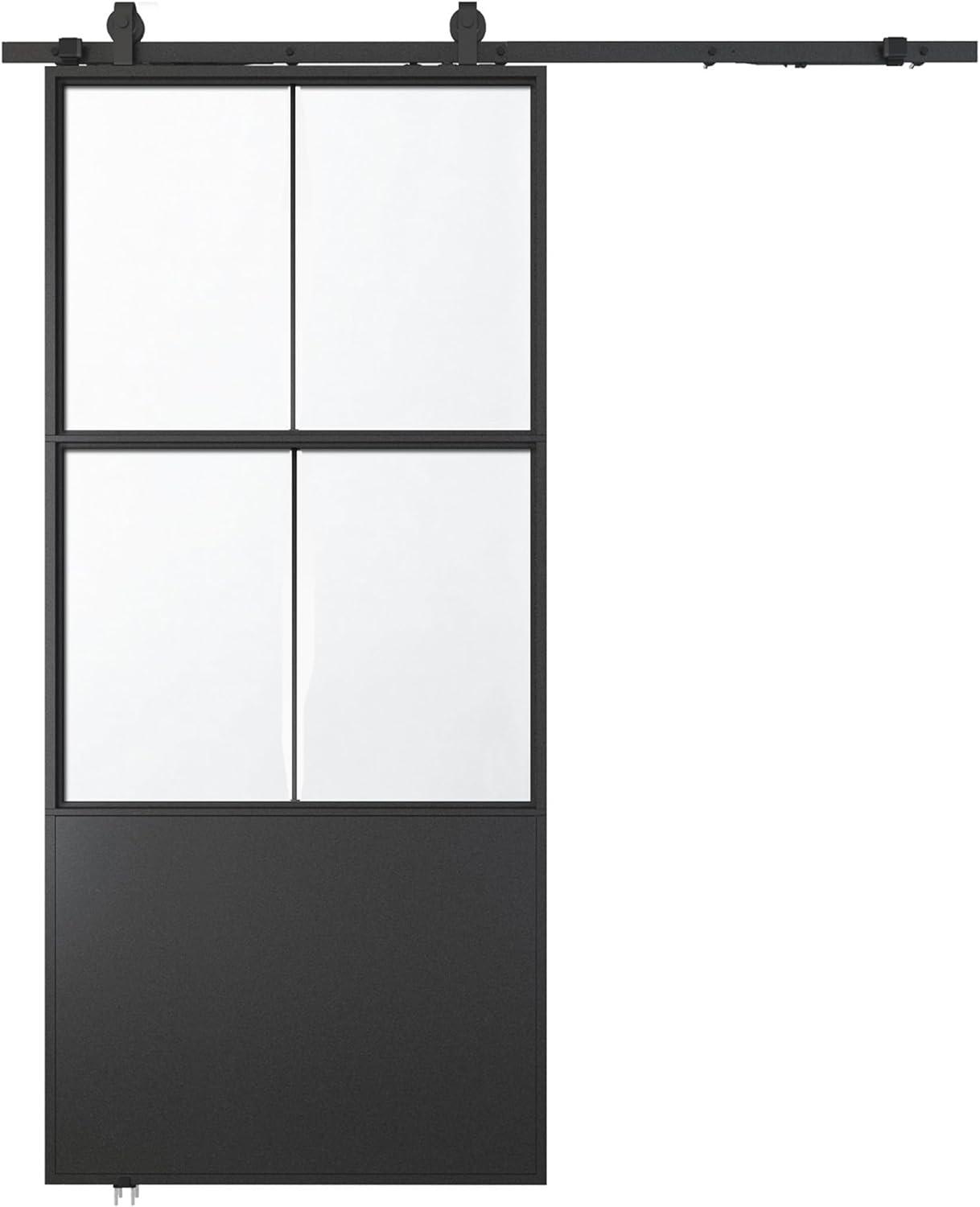 Black Aluminum and Frosted Glass Sliding Barn Door with Hardware Kit