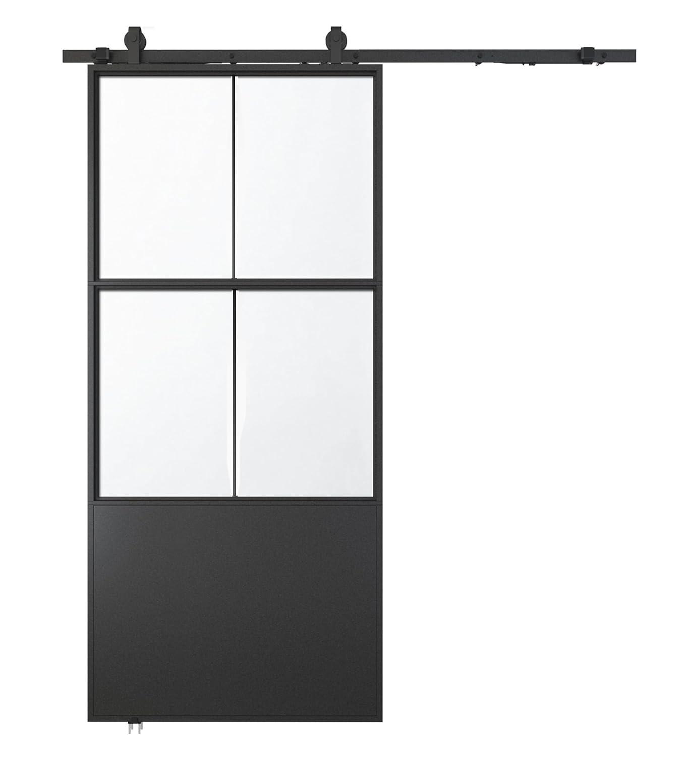 TREEBLING 84" Metal and Glass Sliding Barn Door with Two-Way Soft Close and Installation Hardware Kit