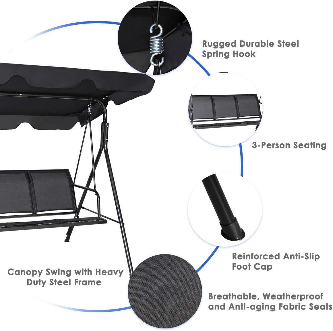 Costway Outdoor Patio Swing Canopy 3 Person Canopy Swing Chair Patio Hammock Black