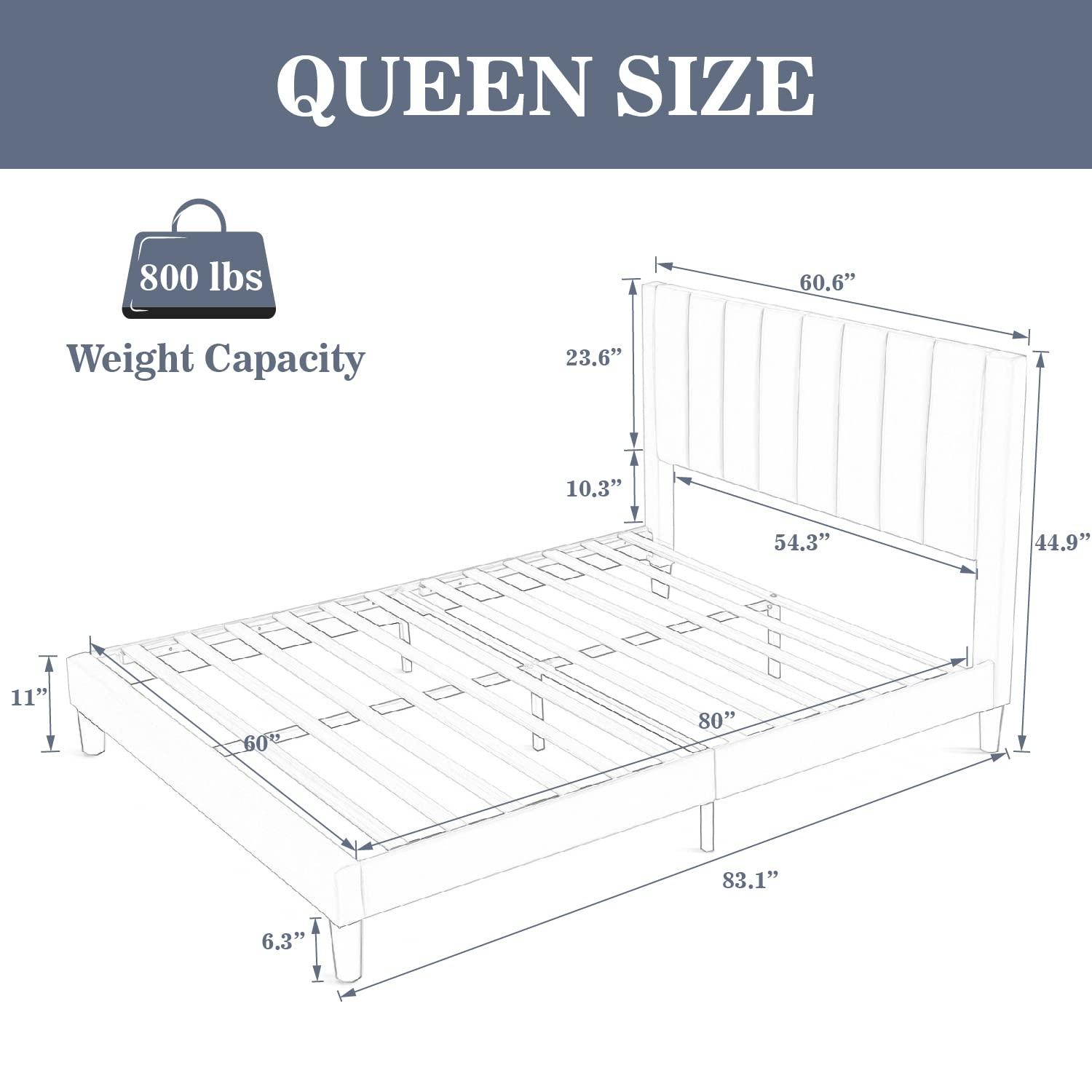 Einfach Queen Size Platform Bed Frame with Upholstered Velvet Vertical Headboard, Green