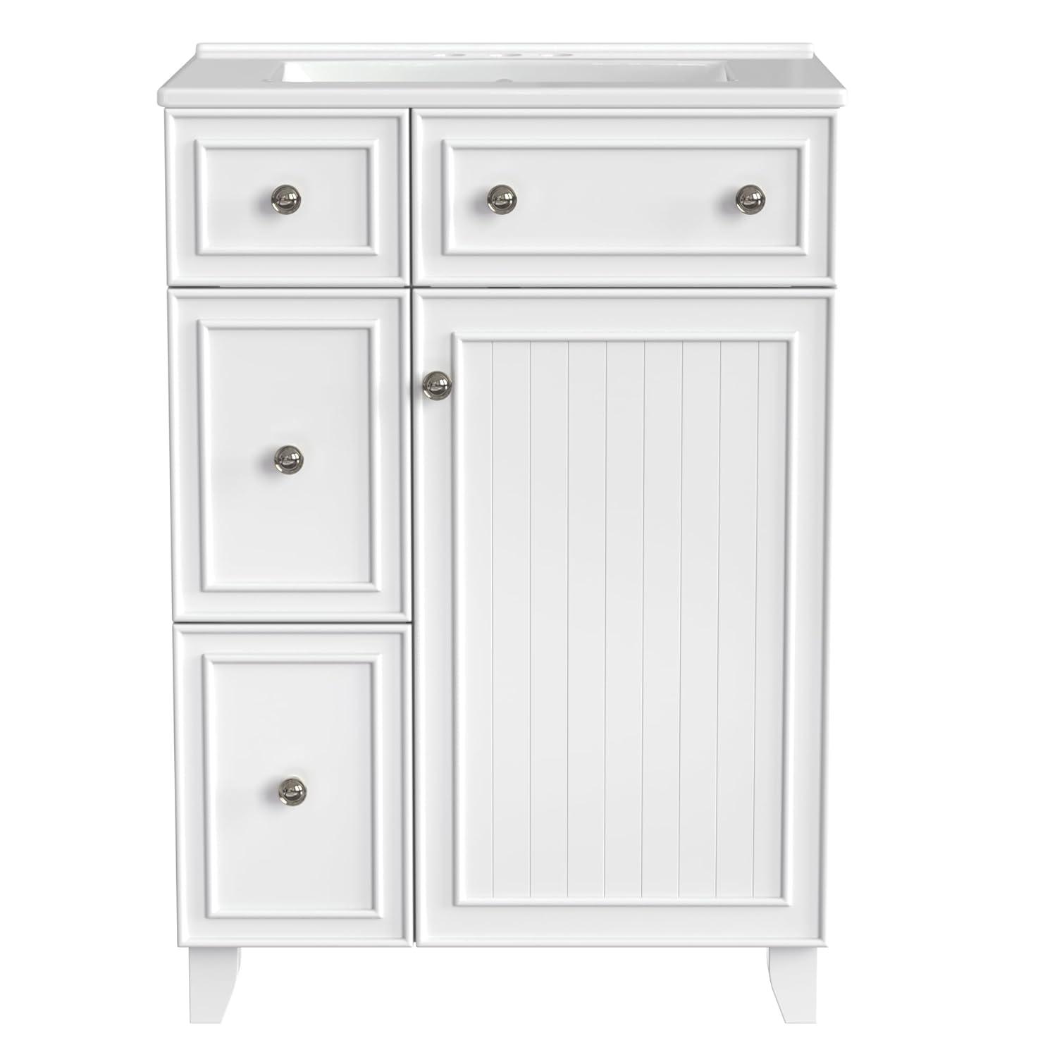 Harper & Bright Designs 24" Bathroom Vanity with Sink, Free Standing Single Basin Vanity Set with Two Drawers and One Door, Modern Wooden Bathroom Cabinet with Ceramic Basin for Bathroom, White