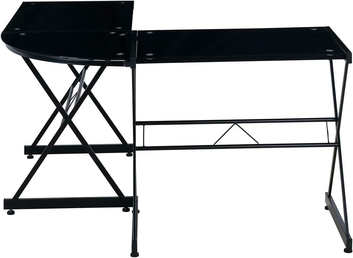 L Shaped Glass Computer Desk Black - Techni Mobili: Modern Office, Tempered Top, Steel Frame, Open Storage Shelf