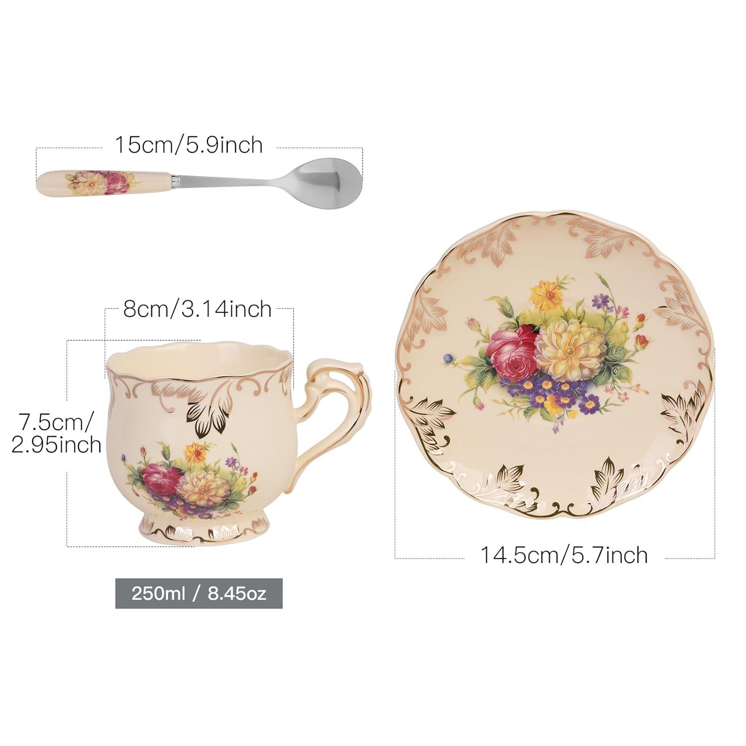 ShengRui Tea Cup and Saucer Set, 8 oz Tea Cup Set, Teacup, Ceramic Tea Cup with Suacer Spoon, Ivory Vintage Rose Floral with Gold Leaves Trim, Gifts for Women