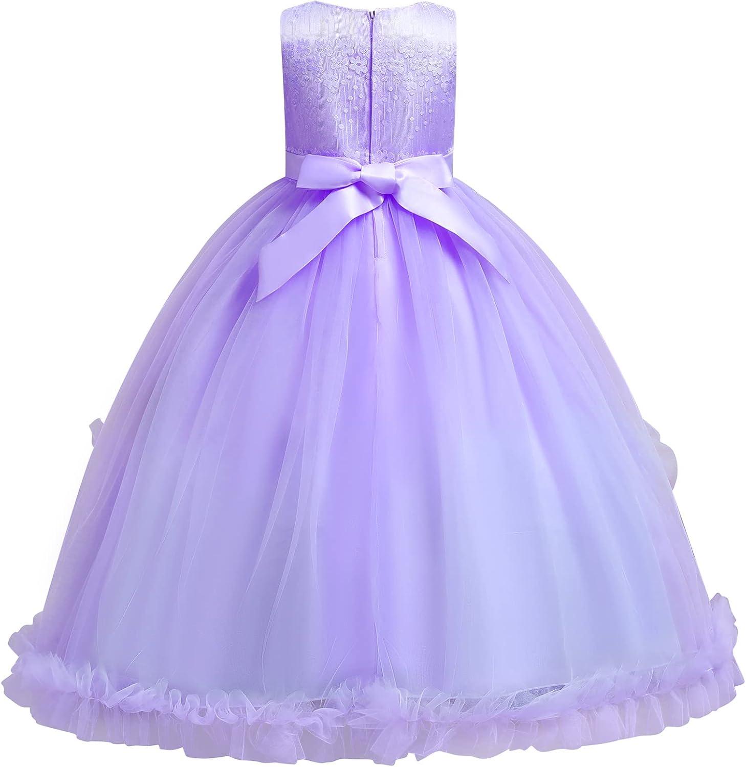 IBTOM CASTLE Vestidos de Desfile Bordados de Encaje Bohemio Floral de Princesa para Fiesta de Niños Boda Vestido Largo de Comunión Hinchado 11-12 Años Púrpura