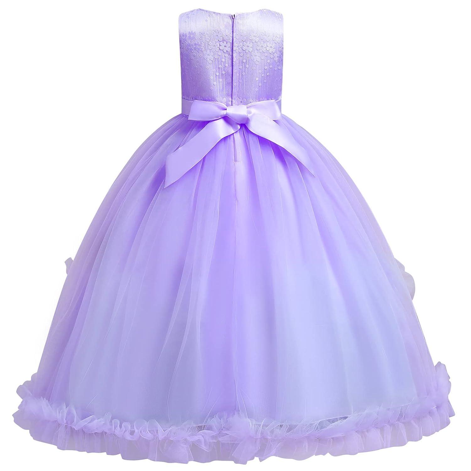 IBTOM CASTLE Vestidos de Desfile Bordados de Encaje Bohemio Floral de Princesa para Fiesta de Niños Boda Vestido Largo de Comunión Hinchado 11-12 Años Púrpura