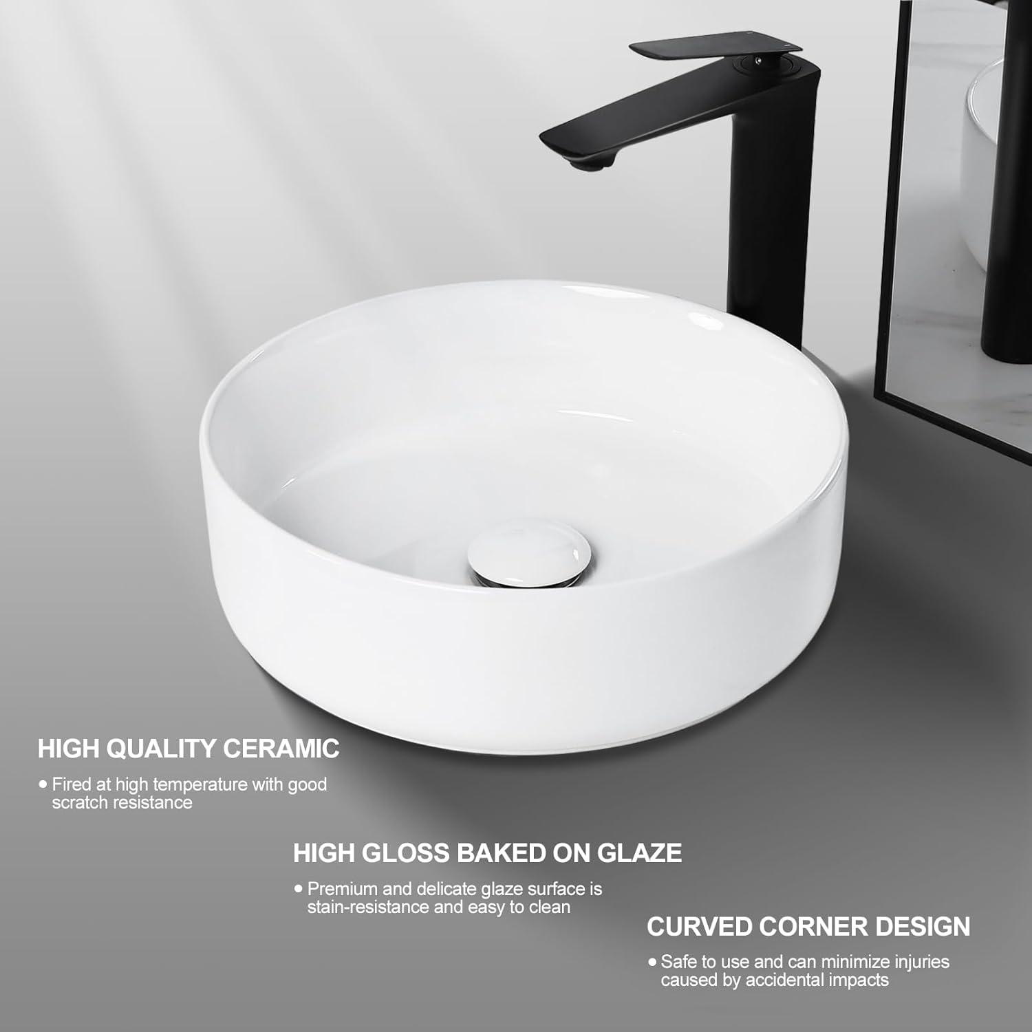 Davivy 14.2'' White Ceramic Circular Vessel Bathroom Sink with Pop Up Drain