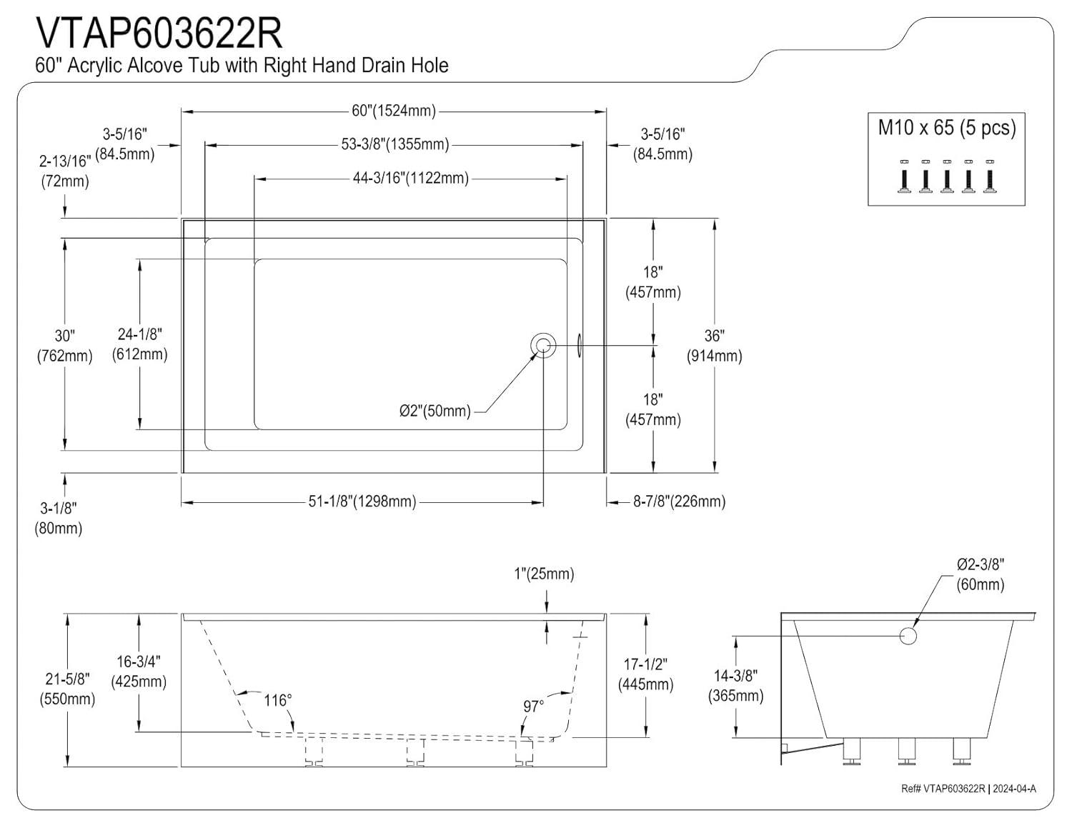 Kingston Brass Aqua Eden 60-Inch Acrylic Rectangular 3-Wall Alcove Tub